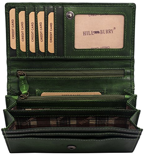 Hill Burry Cartera de Cuero para Mujer | Billetera - Monedero de Cuero Genuino con Aspecto Vintage | Mujeres - Hombre | XXL Largo Grande Capacidad (Verde)