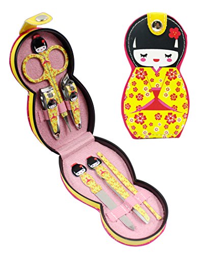 Hillent adorables muñeca patrón acero inoxidable manicura personal pedicura conjunto con funda de cuero profesional, kit de aseo de viaje, conjunto de 12, muñeca japonesa
