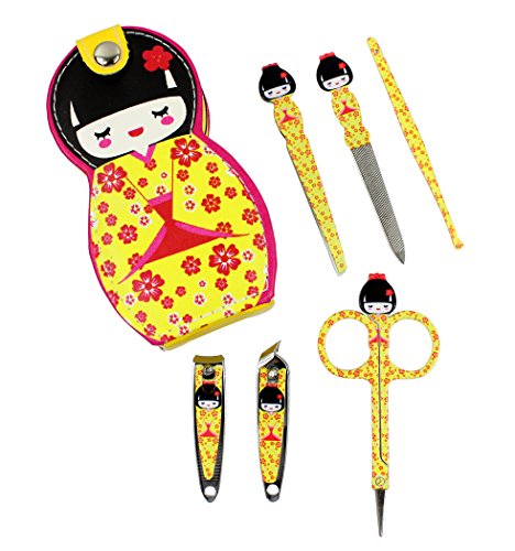 Hillent adorables muñeca patrón acero inoxidable manicura personal pedicura conjunto con funda de cuero profesional, kit de aseo de viaje, conjunto de 12, muñeca japonesa