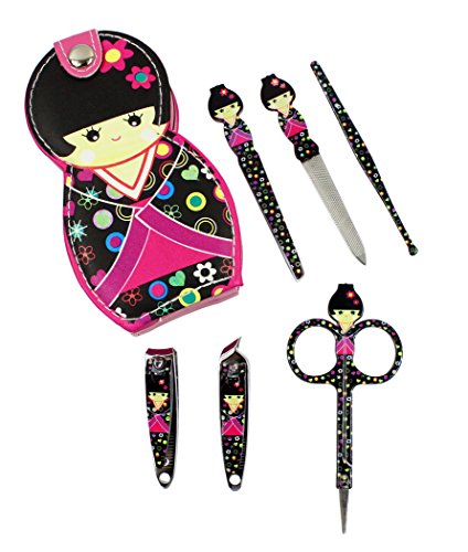 Hillent adorables muñeca patrón acero inoxidable manicura personal pedicura conjunto con funda de cuero profesional, kit de aseo de viaje, conjunto de 12, muñeca japonesa