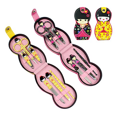 Hillent adorables muñeca patrón acero inoxidable manicura personal pedicura conjunto con funda de cuero profesional, kit de aseo de viaje, conjunto de 12, muñeca japonesa