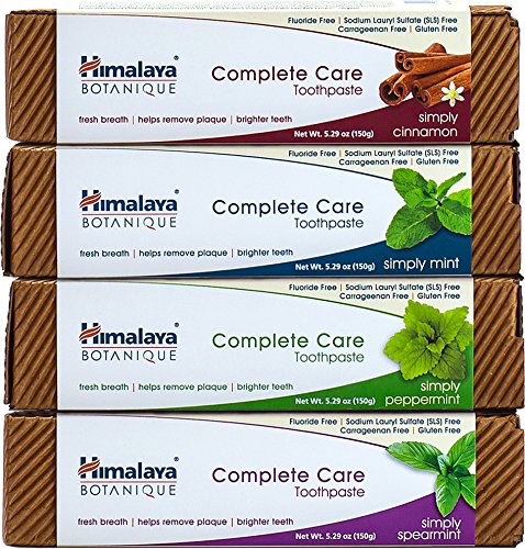 Himalaya Complete Care Toothpaste Variety Pack, Mint, Cinnamon, Peppermint and Spearmint, Natural, Fluoride-Free, SLS Free, Carrageenan-Free & Gluten-Free, 5.29 oz (150 g) Each, 4 Pack