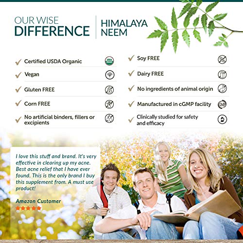 Himalaya USDA Comprimidos de Neem | Remedio para el acné y las espinillas | Promueve la desintoxicación e inmunidad| Equivalentes a 5300mg de polvo | 60 cápsulas veganas | Suministro para 2 meses