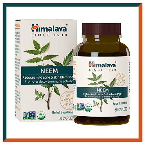 Himalaya USDA Comprimidos de Neem | Remedio para el acné y las espinillas | Promueve la desintoxicación e inmunidad| Equivalentes a 5300mg de polvo | 60 cápsulas veganas | Suministro para 2 meses