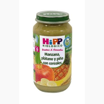 HiPP Biológico, Potito de fruta para bebé (Manzana, plátano, piña, cereales) -12 x 250 gr. (Total 3000 gr.)