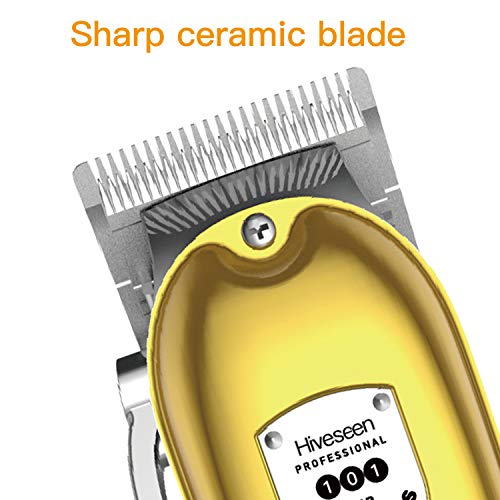 Hiveseen Cortapelos Hombre, Pantalla LED, Inalámbrica USB Recargable Batería 2500mAh, Ajuste de Longitud Preciso, 8 Pcs Maquina de Cortar Pelos Profesional para Barbero y Hombres (Dorado)