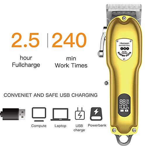 Hiveseen Cortapelos Hombre, Pantalla LED, Inalámbrica USB Recargable Batería 2500mAh, Ajuste de Longitud Preciso, 8 Pcs Maquina de Cortar Pelos Profesional para Barbero y Hombres (Dorado)