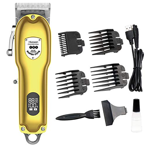 Hiveseen Cortapelos Hombre, Pantalla LED, Inalámbrica USB Recargable Batería 2500mAh, Ajuste de Longitud Preciso, 8 Pcs Maquina de Cortar Pelos Profesional para Barbero y Hombres (Dorado)