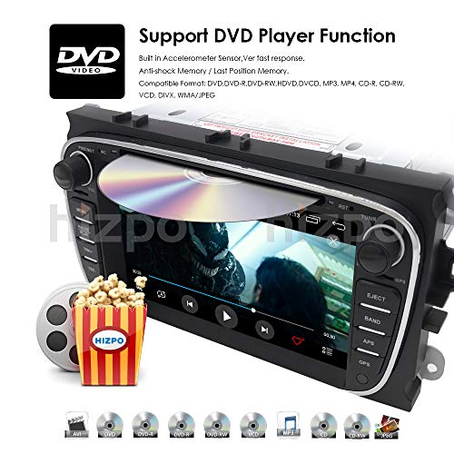 hizpo 7 Pulgadas Doble DIN Radio Coche Reproductor de DVD Soporte estéreo Navegación GPS Control del Volante Bluetooth SD USB Dab + para Ford Focus Mondeo Galaxy S-MAX