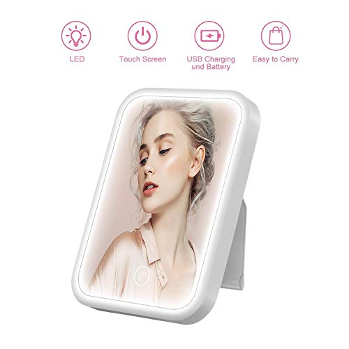 HOCOSY Espejo Maquillaje con Luz, Espejo tocador de Mesa con LED luz con 3 Modos Lluminación, Espejo Cosmético, Carga con USB o batteria, Pantalla Táctil, Adjustable