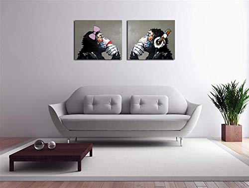 Hogar Pared Decor Creativo Animales Arte Pintura Dibujado a Mano Gorila Escuchando Musica Lienzo Pintura al óleo Amante Pareja Fácil de Colgar,Withframe,60x80cmx2pcs