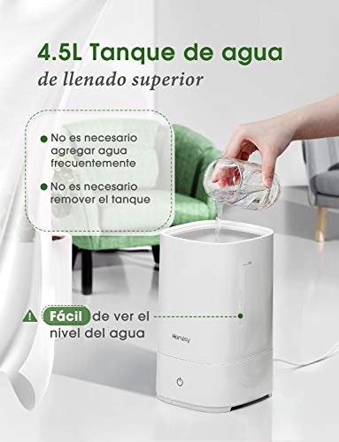 Homasy 4.5L Humidificador Ultrasónico, Llenado Superior de Hasta 40-50 m², Humidificador Silencioso de 28 dB, Humidificador Bebes con 30h de Tiempo de Trabajo,Blanco