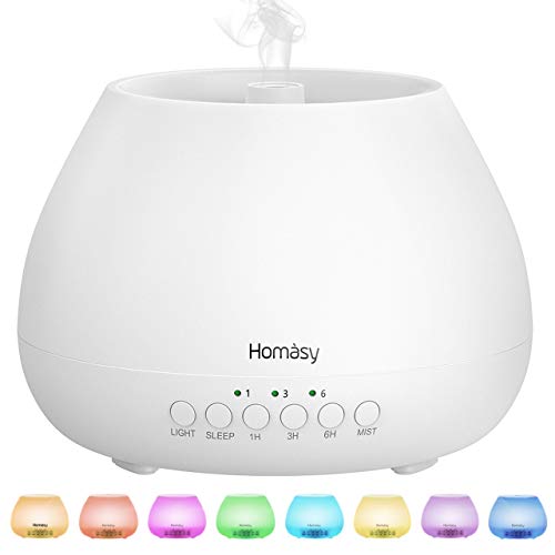 Homasy 500ml Difusor de Aromas, Difusor Aromaterapia con Luz Nocturna de 8 Colores, 21dB Humidificador Difusor Aceites Esenciales Ultrasónico, Humidificador Bebés con Fragante sin BPA, Blanco