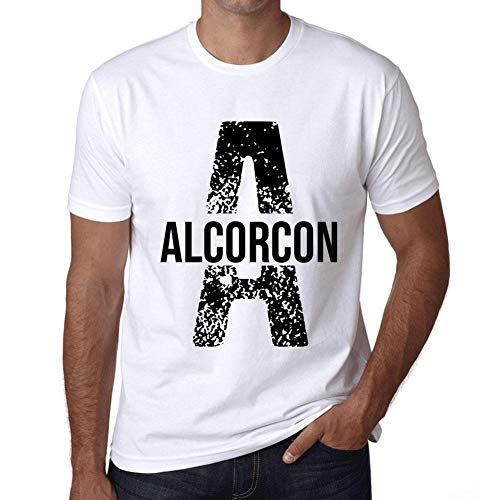 Hombre Camiseta Vintage T-Shirt Letter A Countries and Cities Alcorcon Blanco