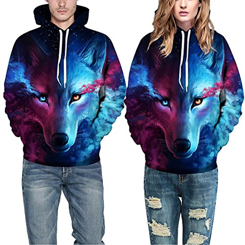 Hombre Unisex 3D Impreso Arte Suéter Cuello Redondo Sudadera con Capucha de Mangas Largas con varios estilos (S/M, Lobo)