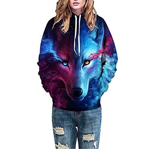 Hombre Unisex 3D Impreso Arte Suéter Cuello Redondo Sudadera con Capucha de Mangas Largas con varios estilos (S/M, Lobo)