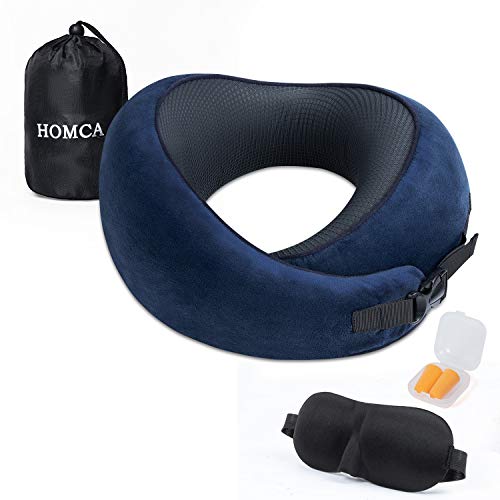 HOMCA Almohada de Viaje，Almohada Cervical 100% Pura Alivio de Espuma de Memoria Alivio del Dolor de Cuello con Almohada de Viaje, Adecuado para Aviones de Viaje Coches y Oficinas (Azul)