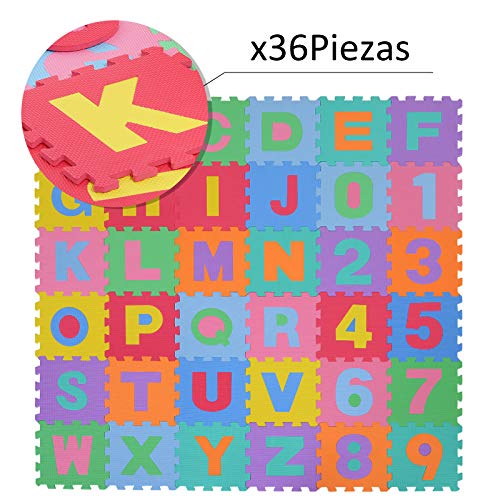 HOMCOM Alfombra Puzzle para Niños 31x31cm 36 Piezas Numeros 0 al 9 y 26 Letras Alfabeto Goma Espuma Alfombrilla de Juego para Bebe Infantil Área de Cobertura 3.13㎡