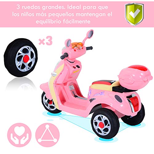 HOMCOM Coche Triciclo Moto Eléctrica Infantil Correpasillos a Batería Niños 3-8 años 6V Metal + PP 108x51x75cm Rosa