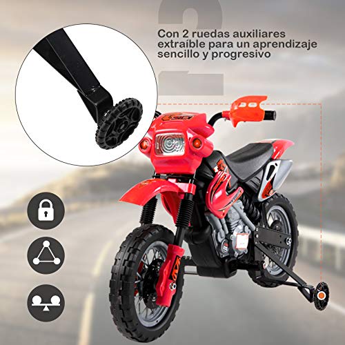 HOMCOM Moto Electrica Infantil Bateria 6V Recargable Niños 3+ Años Cargador y Ruedas Apoyo Color Rojo