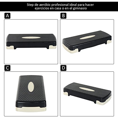 HOMCOM Step de Aeróbic y Fitness Tipo Tabla Plataforma Stepper para Deporte y Gimnasia con Altura Regulable a 2 Niveles Carga 150kg (Negro)