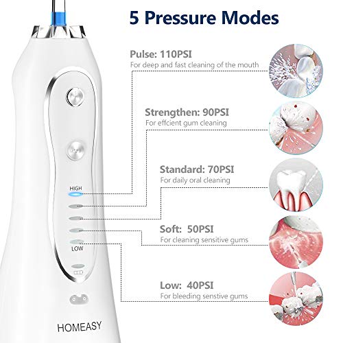 homeasy Irrigador Dental Portátil 300ml, Recargable Irrigador Bucal USB Impermeable IPX7 y 5 Modos Limpieza de Dientes Profesional, Lavado Pulsado de Dientes para el Hogar, Viajes