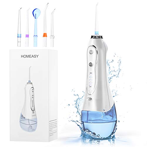 homeasy Irrigador Dental Portátil 300ml, Recargable Irrigador Bucal USB Impermeable IPX7 y 5 Modos Limpieza de Dientes Profesional, Lavado Pulsado de Dientes para el Hogar, Viajes