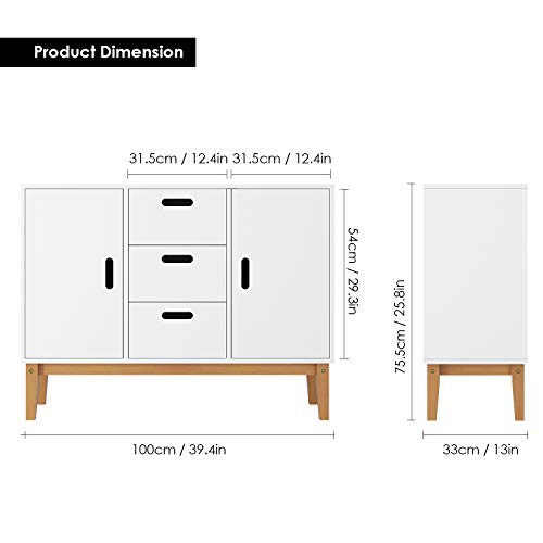 HOMECHO Aparador Moderno con 2 Puertas 3 Cajones para Salón Dormitorio Cocina Armario Mueble Aparador de Comedor de Madera Blanco 100 x 33 x 75.5 cm