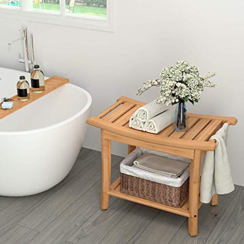 HOMECHO Tabuerte de Ducha de Bambú con Estante para Almacenamiento y Caja de Jabón Taburete de Baño Ergonómico y Antideslizante para Baño 60 x 33 x 46cm