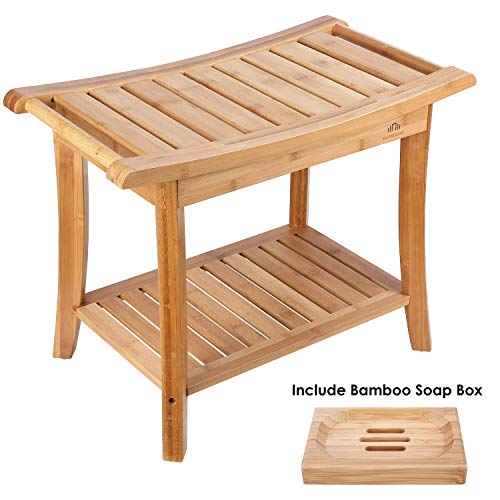 HOMECHO Tabuerte de Ducha de Bambú con Estante para Almacenamiento y Caja de Jabón Taburete de Baño Ergonómico y Antideslizante para Baño 60 x 33 x 46cm