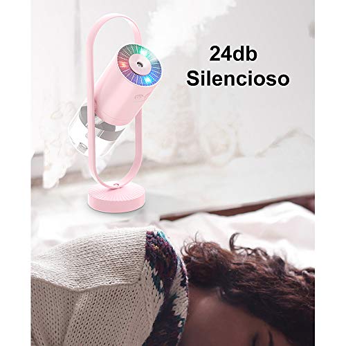 Homeet Mini Humidificador, Humidificador Portátil 200ml Humidificadores de Niebla USB Humidificador Ultrasónico Aire de Vapor Silencioso Rotación de 360° con LED de 7 Colores para Coche Mesa,【DC 5V】