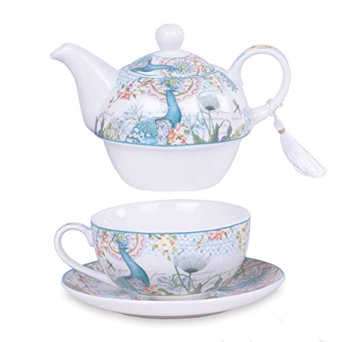 Homevibes Juego de Te Individual de Porcelana, 3 piezas Tetera + Taza + Platillo