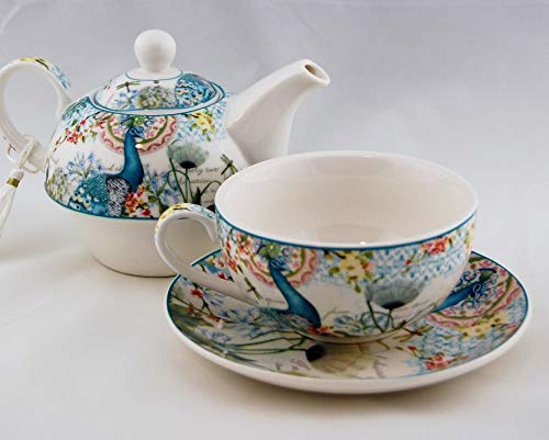 Homevibes Juego de Te Individual de Porcelana, 3 piezas Tetera + Taza + Platillo