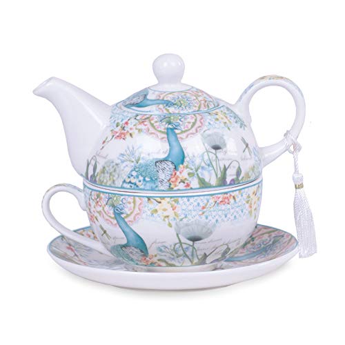 Homevibes Juego de Te Individual de Porcelana, 3 piezas Tetera + Taza + Platillo