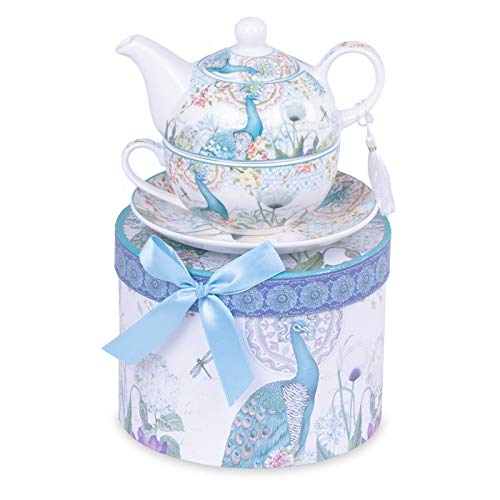 Homevibes Juego de Te Individual de Porcelana, 3 piezas Tetera + Taza + Platillo