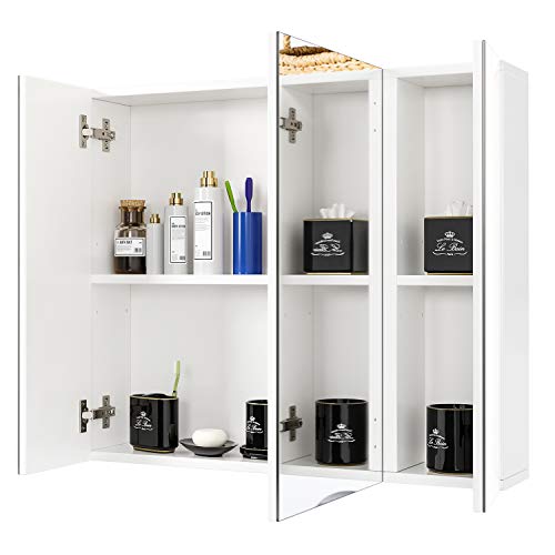 Homfa Armario Baño con Espejo Armario de Pared con 3 Puertas 4 Compartimentos 70x60.3x15cm