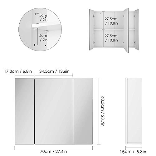Homfa Armario Baño con Espejo Armario de Pared con 3 Puertas 4 Compartimentos 70x60.3x15cm