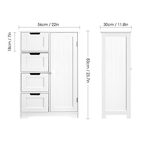 Homfa Armario Mueble Almacenaje Organizador para baño Cocina salón y Dormitorio 4 Cajones y 1 Puerta 56x30x83cm Blanco