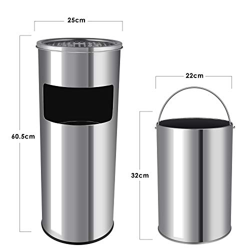 HOMFA Cenicero de Pie Desmontable para Jardín Centro Comercial Empresa KTV Cubo de Basura con Cenicero de Pie de Acero Inoxidable 30L 60.5 x 25 x 25 cm