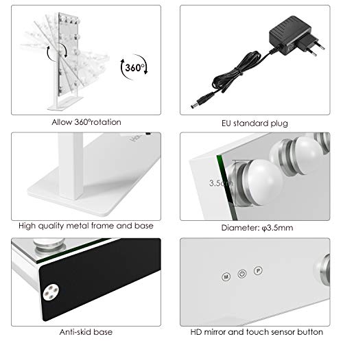 Homfa Espejo de Maquillaje Hollywood Espejo de Mesa con 3 Modos de Bombillas LED Interruptor tocable 41×30cm