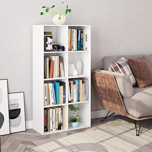 Homfa Estantería Librería Estantería para Libros Estantería de Pared Estantería Almacenaje con 8 Compartimentos Blanco 65.5x29.6x128cm