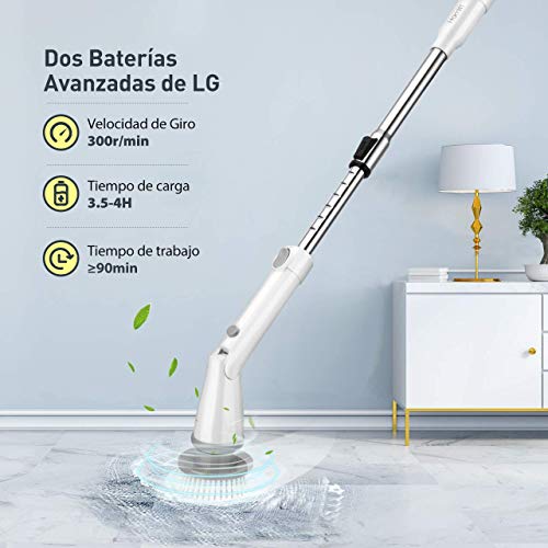 Homitt spin Scrubber eléctrico con 4 Cabezales de Cepillo y Barra de extensión,para la Limpieza de baños y Azulejos, Blanco, Upgrade +++ (Blanco)
