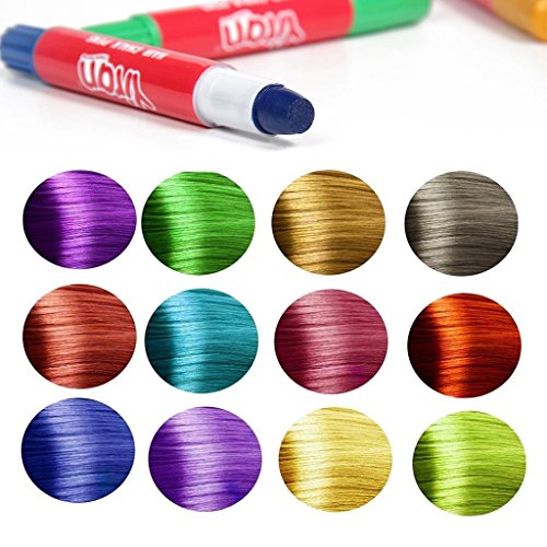 HONGCI 12 Plumas de Colores Brillo Temporal de Plumas de Tiza para el Cabello+3 Tatuaje Temporal metálico,para Disfraces,Rendimiento,Halloween, Cosplay DIY,Regalos de Fiesta de cumpleaños