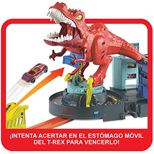 Hot Wheels City Alboroto del dinosaurio T-Rex, pistas de coches de juguete (Mattel GFH88)