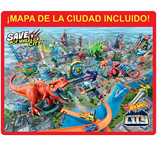 Hot Wheels City Alboroto del dinosaurio T-Rex, pistas de coches de juguete (Mattel GFH88)