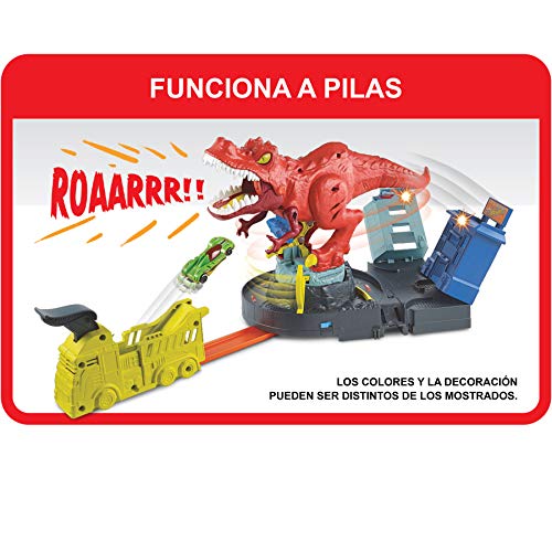 Hot Wheels City Alboroto del dinosaurio T-Rex, pistas de coches de juguete (Mattel GFH88)