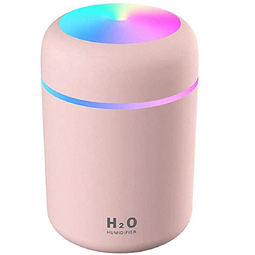 HOUFIL Humidificador Mini - Unidad de humidificación de Primera Calidad con Tanque de Agua de 300ml, Funcionamiento ultrasónico silencioso, Apagado automático y función de luz Nocturna (Rosado)