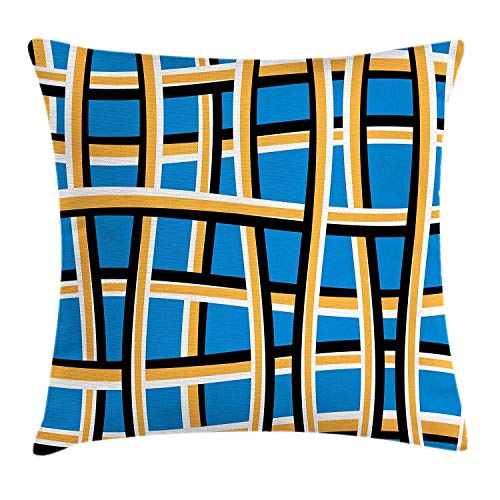 Houlipeng Abstract Throw Pillow Cushion Cover, Abstract Line Composition with Weave Pattern Geometric Inspirations, Decorative Square Accent Pillow Case, 18 X 18 Inches, Azure Blue Marigold Black