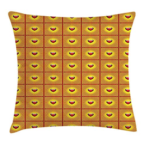 Houlipeng Heart Throw Pillow Cushion Cover, Love Symbol with Striped Sunburst Background for Romantic Valentine's Day, Decorative Square Accent Pillow Case, 18 X 18 Inches, Vermilion and Yellow