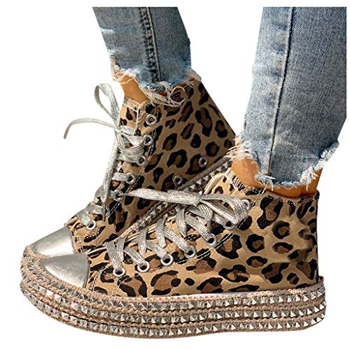 HOUMENGO Mujer Dance Fitness Sneakers Entrenadores Transpirables y Ligero Antideslizante Zapatos Casuales Bajos con Cordones Zapatos De Lona con Fondo Grueso De Cuerda De CáñAmo De Leopardo Femenino